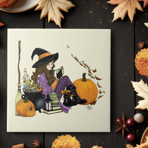 Cosy Witch Vibes Halloween Pumpkins Purple Ceramic Tile