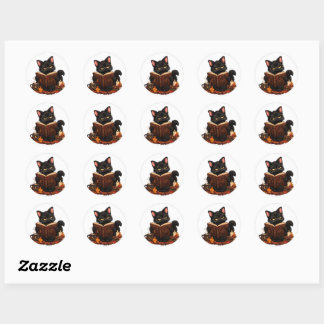 Cosy Witchy Black Cat Reading Spell Book Halloween Classic Round Sticker