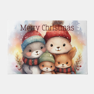 Cosy Woodland Animal Family Merry Christmas Doormat