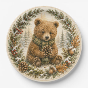 Cosy Woodland Bear Winter Birthday Paper Plate