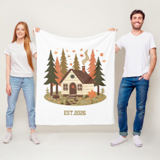 Cosy Woodland Cabin Autumn and Winter Custom Produ Fleece Blanket