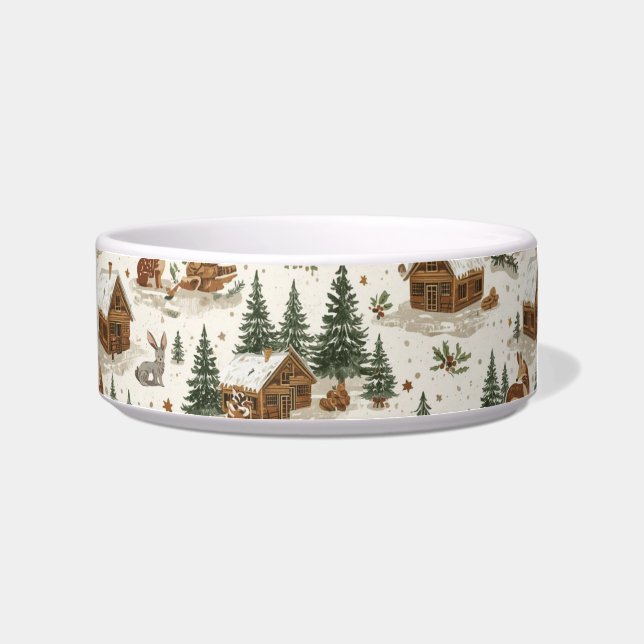 Cosy Woodland Cabin Cat Bowl – Rabbits, Pine Trees (Right)