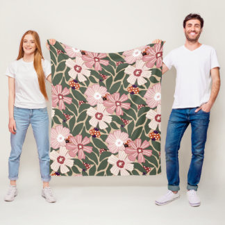 Cosy Woodland Ladybugs & Wildflower Earthy Colours Fleece Blanket