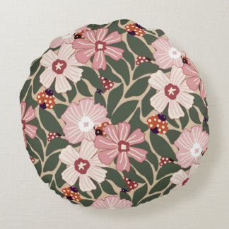 Cosy Woodland Ladybugs & Wildflower Earthy Colours Round Cushion