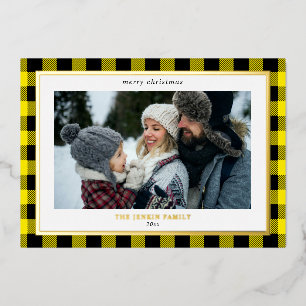 Cosy Yellow Black Plaid Border 3 Photos Christmas Foil Holiday Card