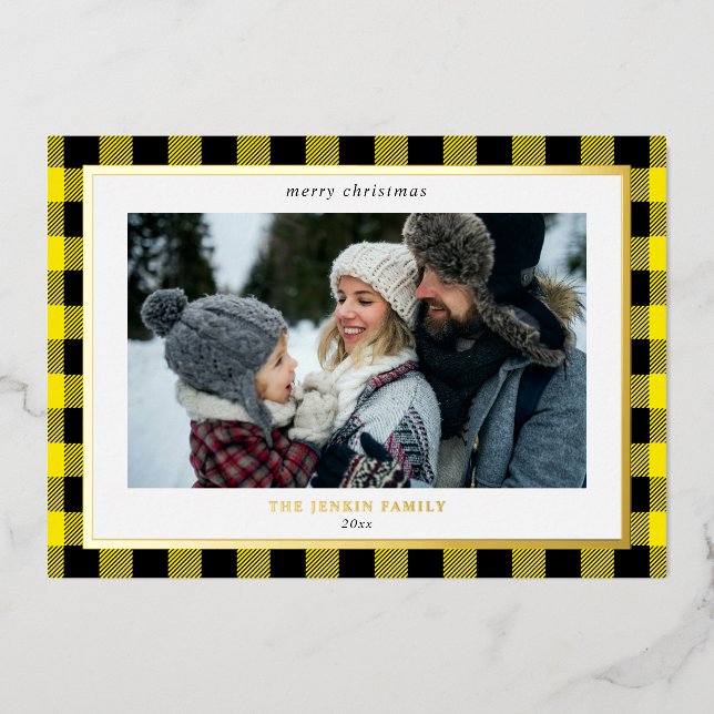 Cosy Yellow Black Plaid Border 3 Photos Christmas Foil Holiday Card (Front)