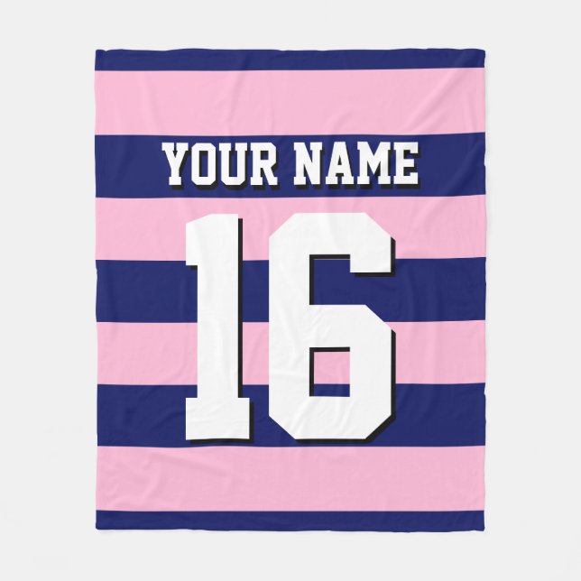 Cot Candy Pink Navy Blue Team Jersey Preppy Stripe Fleece Blanket (Front)