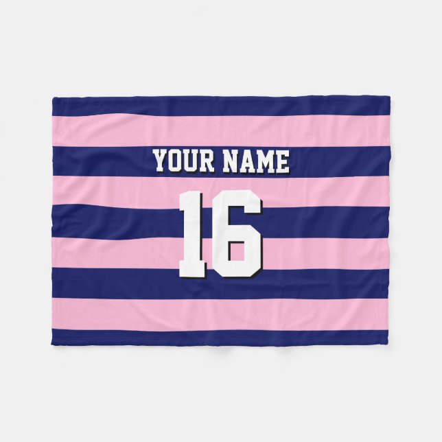 Cot Candy Pink Navy Blue Team Jersey Preppy Stripe Fleece Blanket (Front (Horizontal))