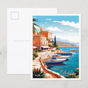 Cote d Azur France Art vintage travel illustration Postcard