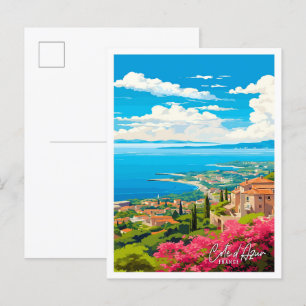 Cote d Azur France vintage travel illustration Postcard