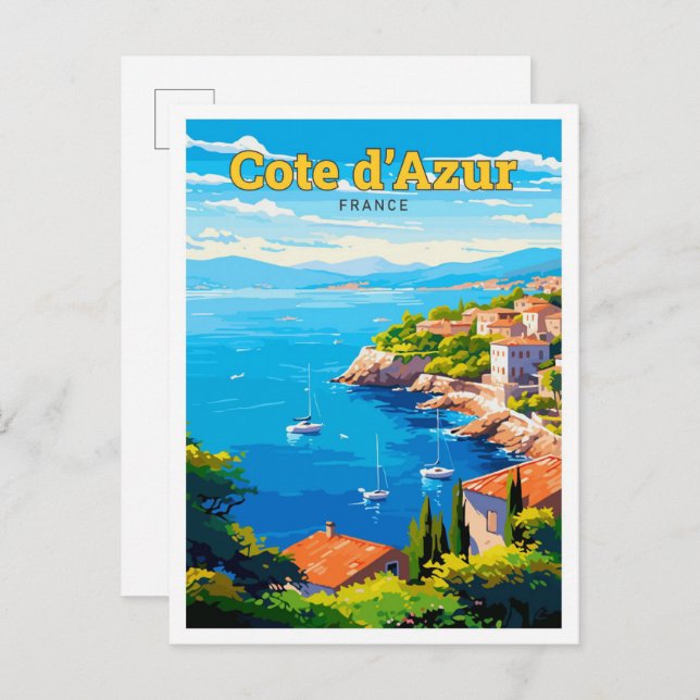 Cote d'Azur France Travel Art Vintage Illustration Postcard (Front/Back)