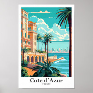 Cote d'Azur France Vintage Travel Illustration Poster