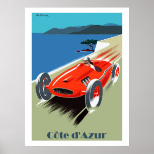 Côte d'Azur, speed racing car, vintage travel Poster