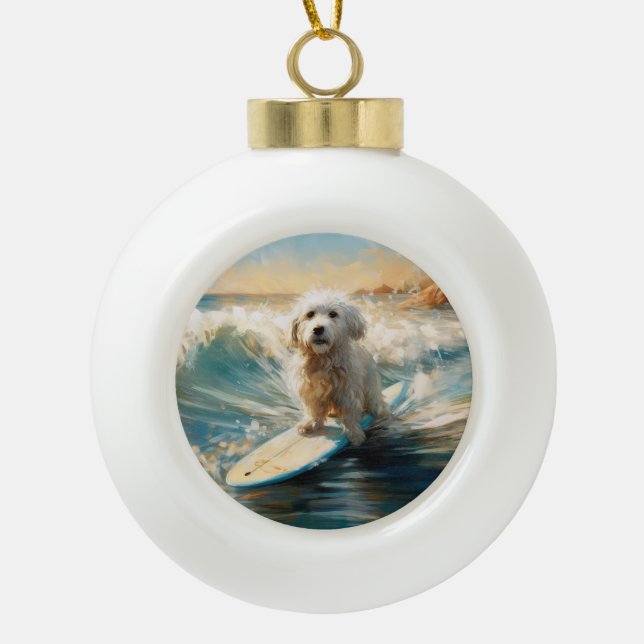 Coton De Tulear Beach Surfing Painting Ceramic Ball Christmas Ornament (Front)