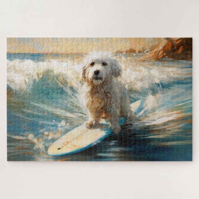 Coton De Tulear Beach Surfing Painting Jigsaw Puzzle (Horizontal)