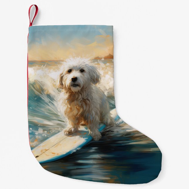 Coton De Tulear Beach Surfing Painting Small Christmas Stocking (Front)