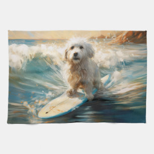 Coton De Tulear Beach Surfing Painting Tea Towel