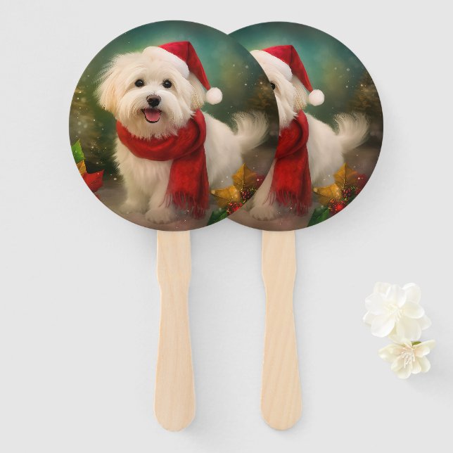 Coton De Tulear Dog in Snow Christmas Hand Fan (Front and Back)