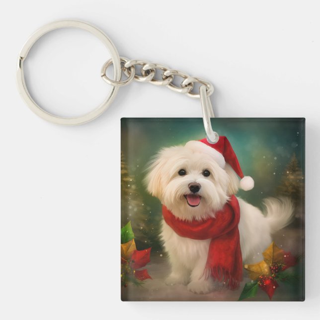 Coton De Tulear Dog in Snow Christmas Key Ring (Front)