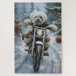 Coton De Tulear Dog Riding Motorcycle Christmas Jigsaw Puzzle
