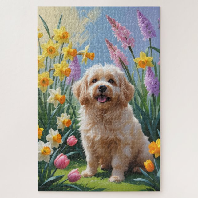 Coton De Tulear Dog Spring Flowers Painting Jigsaw Puzzle (Vertical)