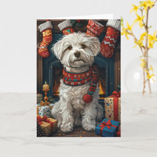 Coton De Tulear Dog With Christmas Gifts Fireplace Card (Yellow Flower)