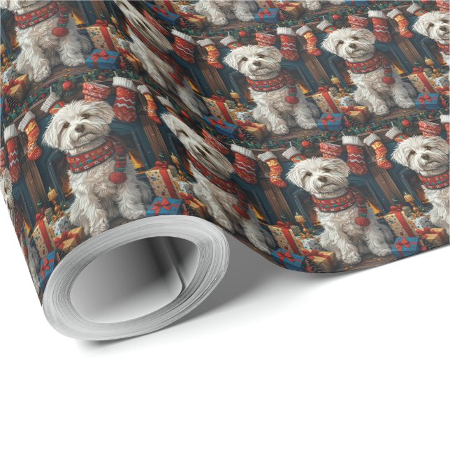 Coton De Tulear Dog With Christmas Gifts Fireplace Wrapping Paper (Roll Corner)