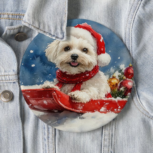 Coton De Tulear in Sledge Let it Snow Christmas 6 Cm Round Badge (In Situ)