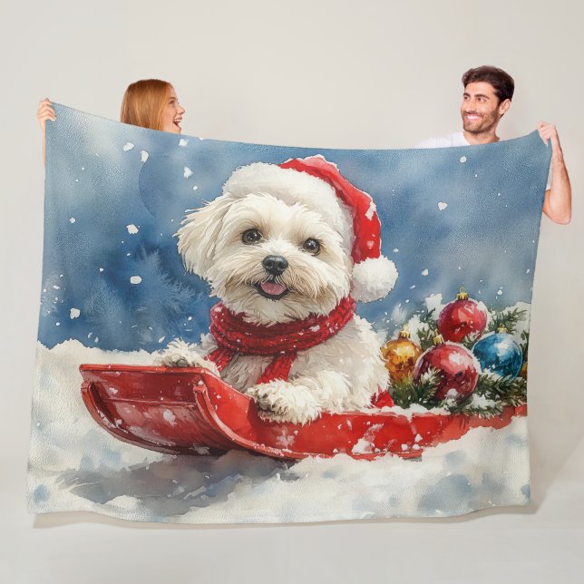 Coton De Tulear in Sledge Let it Snow Christmas Fleece Blanket (In Situ)