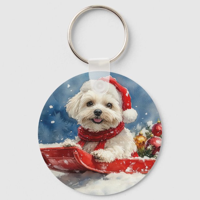 Coton De Tulear in Sledge Let it Snow Christmas Key Ring (Front)