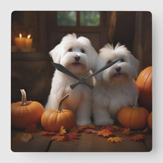 Coton De Tulear Puppy Autumn Delight Pumpkin  Square Wall Clock (Front)