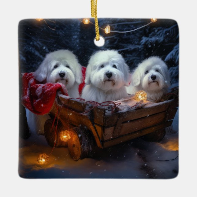 Coton De Tulear Snowy Sleigh Christmas Decor  Ceramic Ornament (Front)