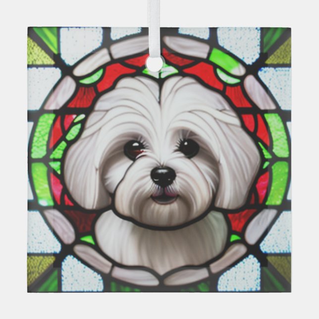 Coton de Tulear "Stained Glass" Glass Tree Decoration (Front)