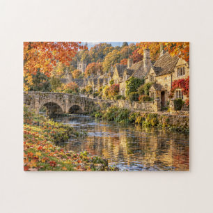 Cotswolds Autumn Riverside Village & Stone Bridge Jigsaw Puzzle
