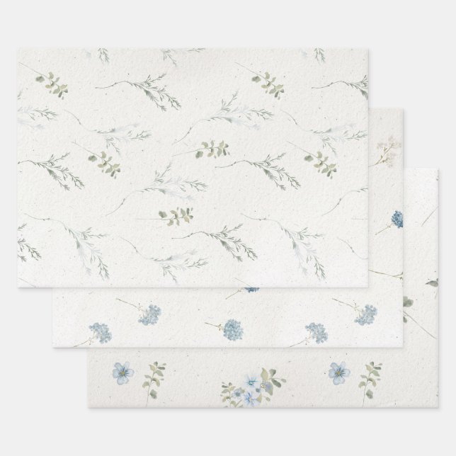 Cotswolds Blue Winter Florals Faux Handmade Wrapping Paper Sheet (Set)