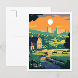 Cotswolds England Art Vintage Travel Illustration Postcard