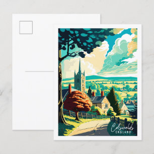 Cotswolds England vintage travel illustration Postcard