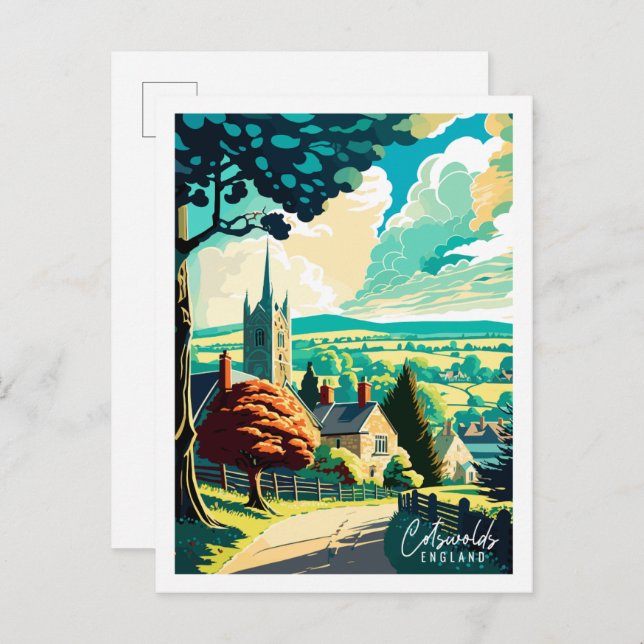 Cotswolds England vintage travel illustration Postcard (Front/Back)