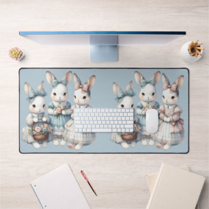 Cottage Bunny Sisters Watercolor Illustration Desk Mat