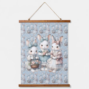 Cottage Bunny Sisters Watercolor Illustration Hanging Tapestry