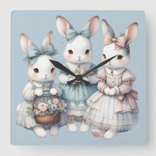 Cottage Bunny Sisters Watercolor Illustration Square Wall Clock