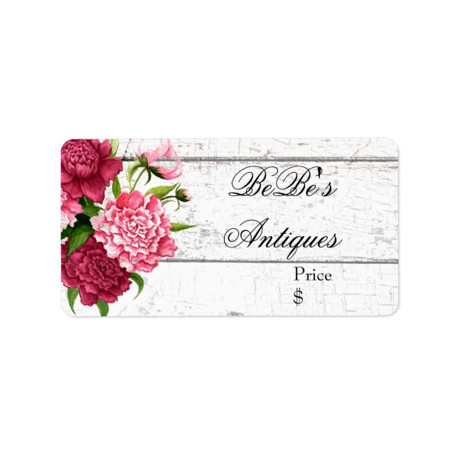 Cottage Chic Rustic Wood and Peonies Business Label (Front)
