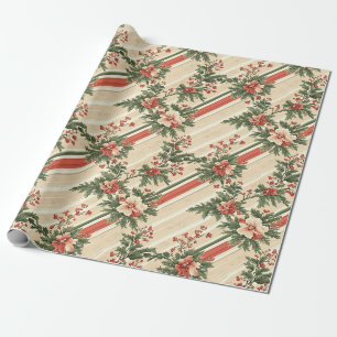 Cottage Christmas Floral Red Green Diagonal Wrapping Paper