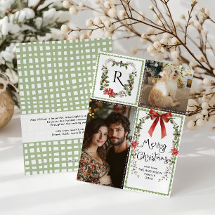 Cottage Core Bow Monogram Merry Christmas 2 Photo Holiday Card