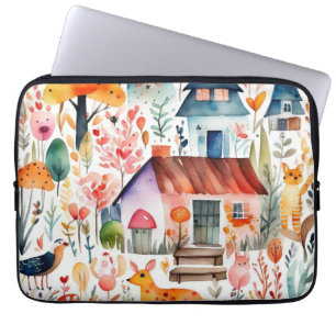 Cottage core floral countryside animals houses  laptop sleeve