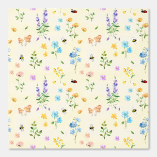 Cottage Core Floral Mushroom Bee Ladybug Yellow Wallpaper