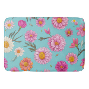 Cottage core floral white daisies pink flowers bath mat