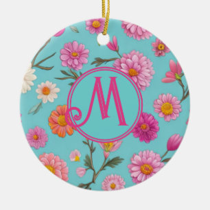 Cottage core floral white daisies pink flowers ceramic ornament