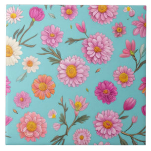 Cottage core floral white daisies pink flowers ceramic tile