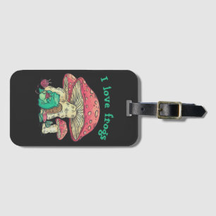 Cottage Core Frog Knitting under Mushroom Luggage Tag